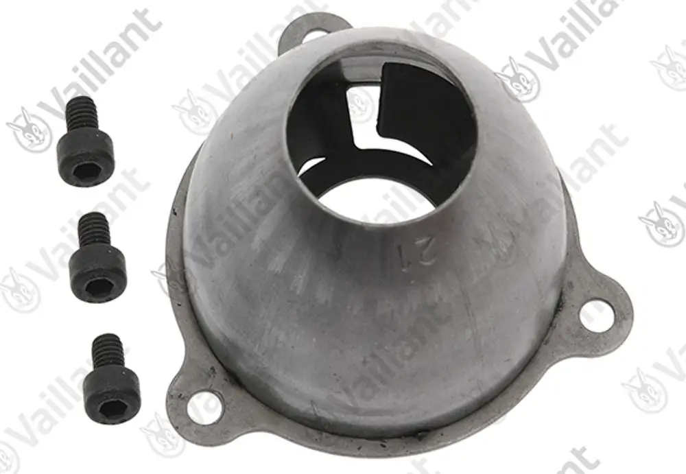 Metallene Düse von Vaillant mit einem Durchmesser von etwa 21 mm und mehreren Befestigungsschrauben. Ideal für Heizungsanlagen.